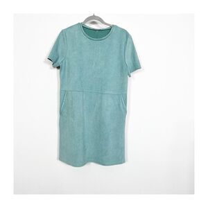 Zara Women's Teal Short Sleeve Faux Suede Shift Dress With Pockets Size Medium